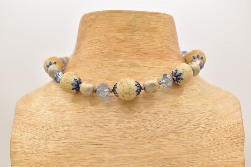 Vendome Vintage Crystal Choker Necklace Blue White Beaded Chunky Signed BinBE